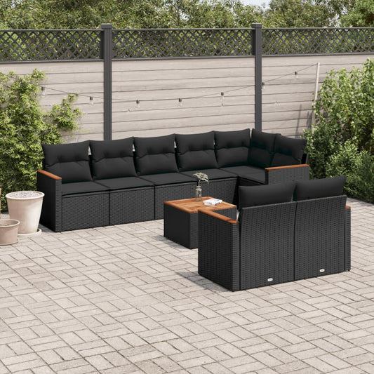 9-delige Loungeset met kussens poly rattan zwart