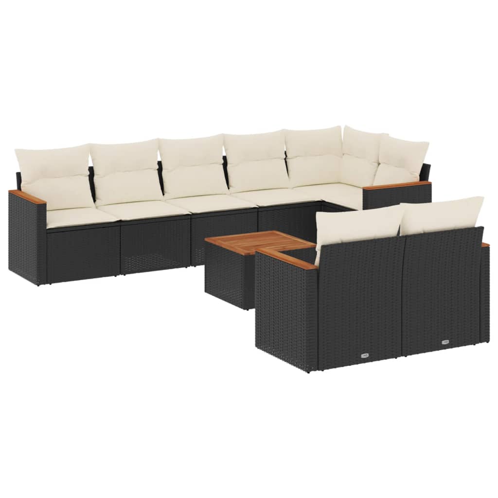 9-delige Loungeset met kussens poly rattan zwart