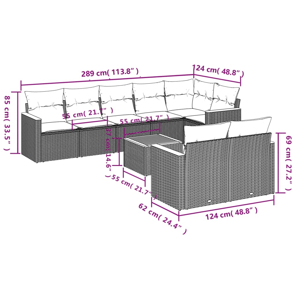 9-delige Loungeset met kussens poly rattan zwart