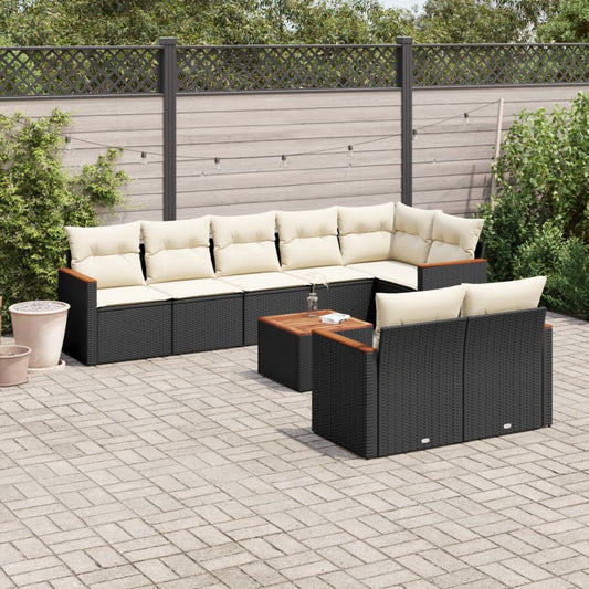 9-delige Loungeset met kussens poly rattan zwart