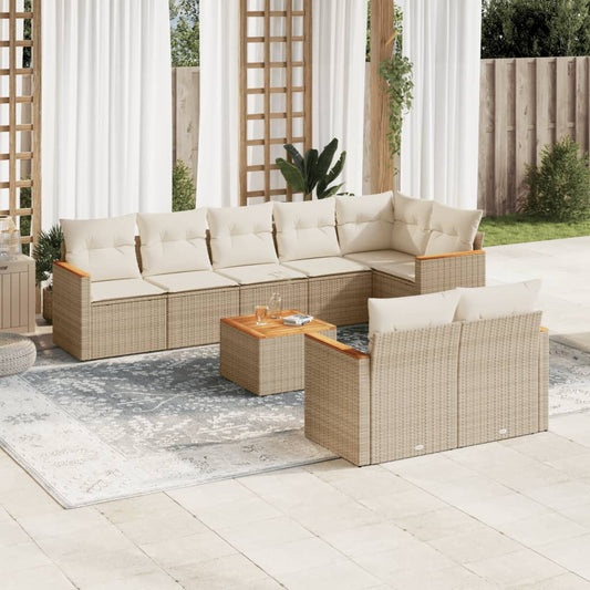 9-delige Loungeset met kussens poly rattan beige