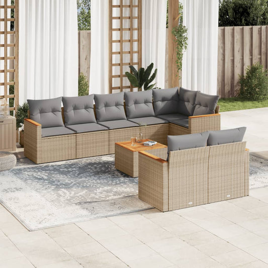 9-delige Loungeset met kussens poly rattan beige