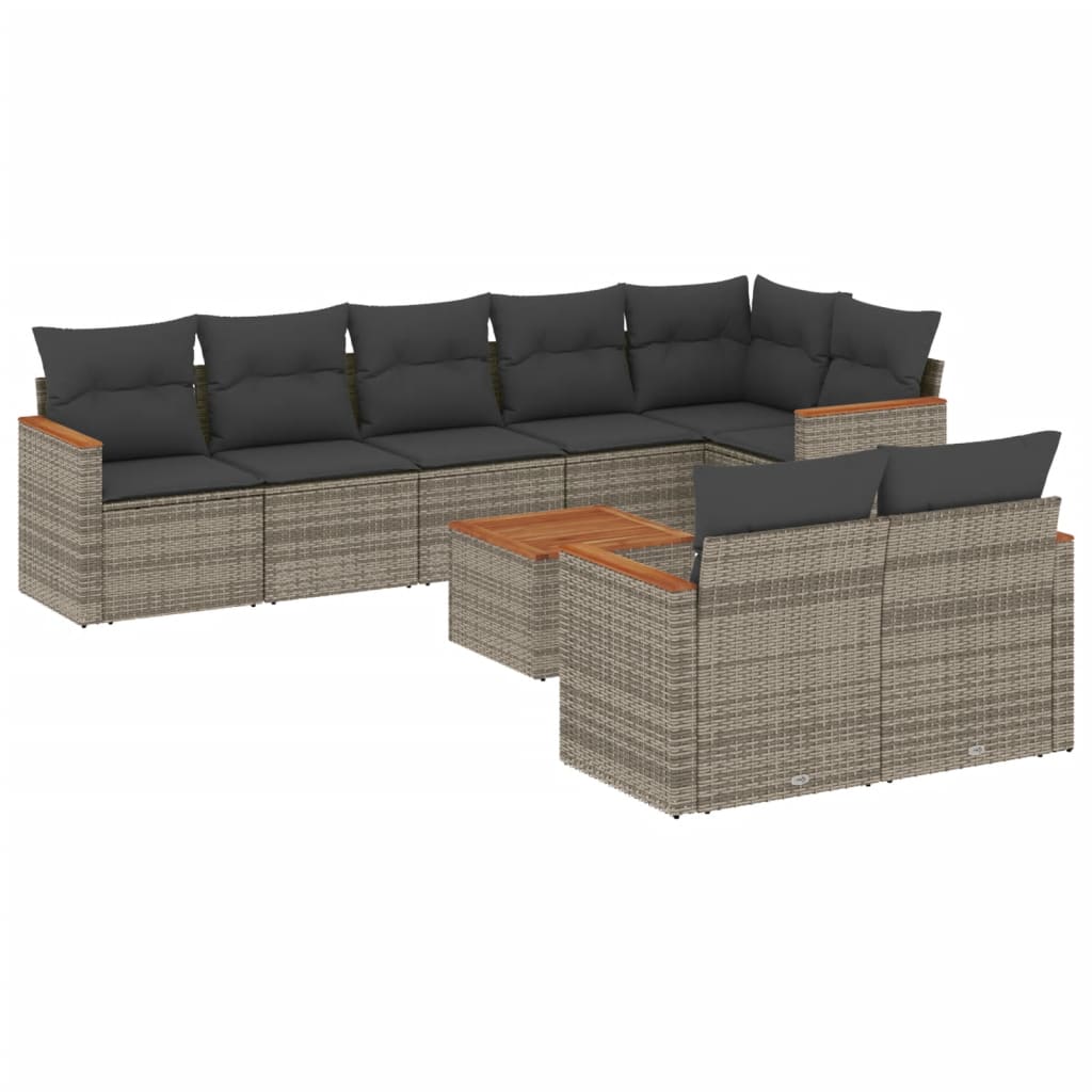 9-delige Loungeset met kussens poly rattan grijs