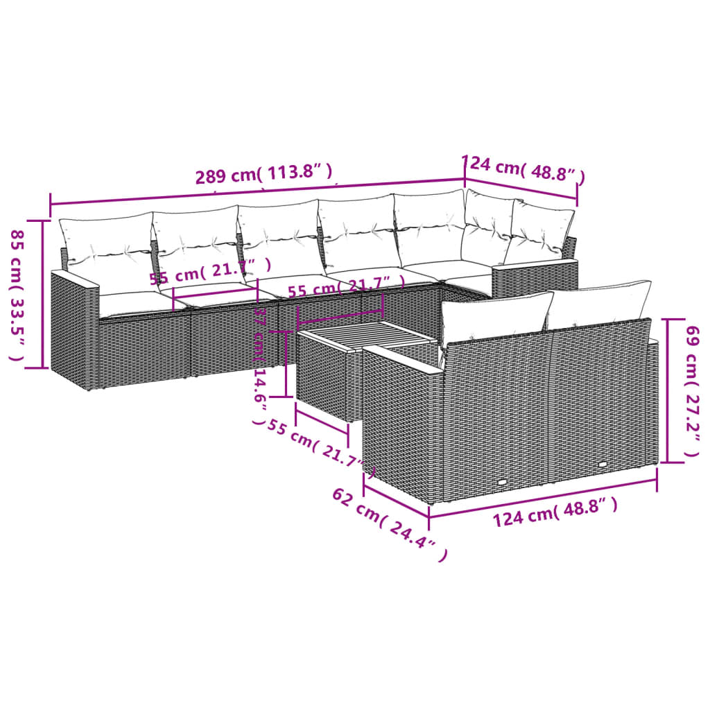 9-delige Loungeset met kussens poly rattan grijs