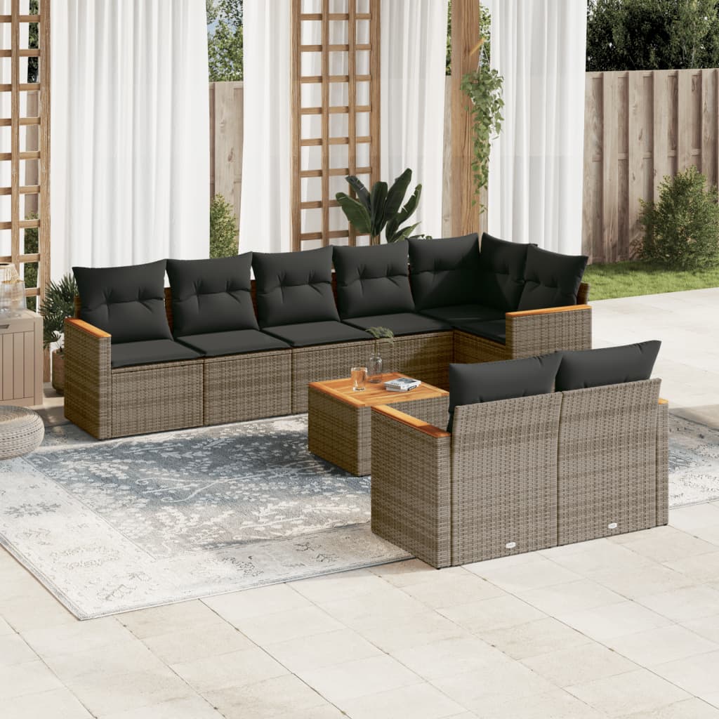 9-delige Loungeset met kussens poly rattan grijs