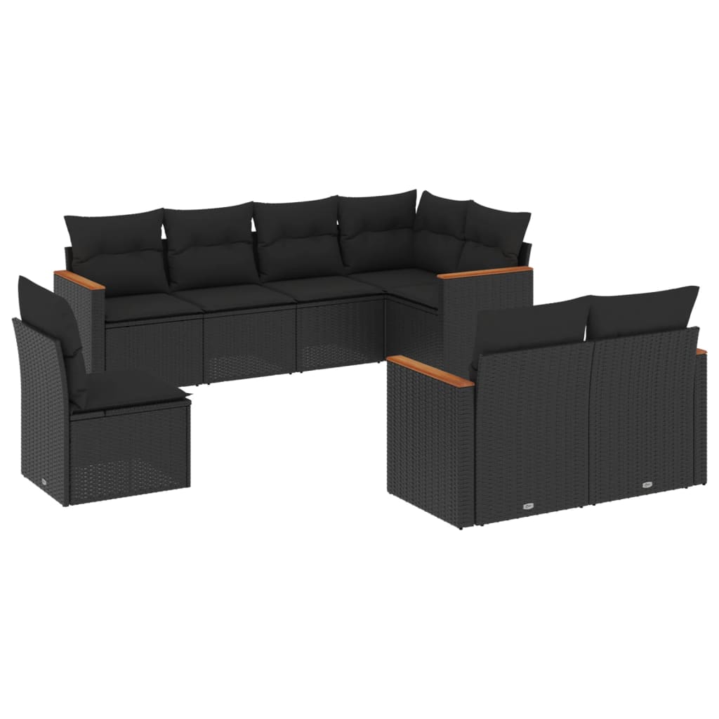 8-delige Loungeset met kussens poly rattan zwart