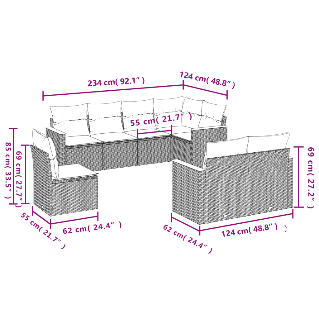 8-delige Loungeset met kussens poly rattan zwart