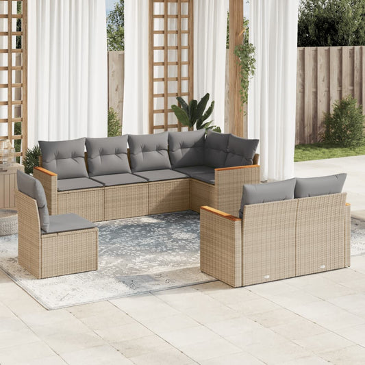 8-delige Loungeset met kussens poly rattan beige