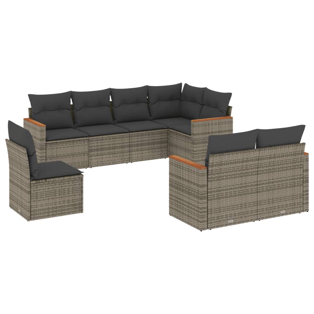 8-delige Loungeset met kussens poly rattan grijs