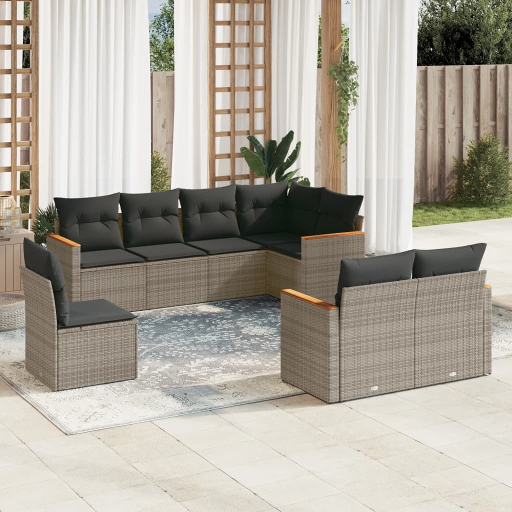 8-delige Loungeset met kussens poly rattan grijs