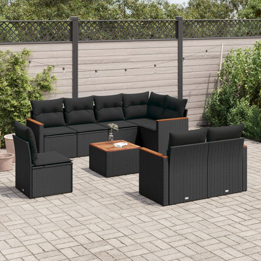 9-delige Loungeset met kussens poly rattan zwart