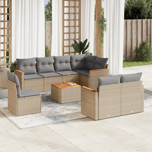 9-delige Loungeset met kussens poly rattan beige