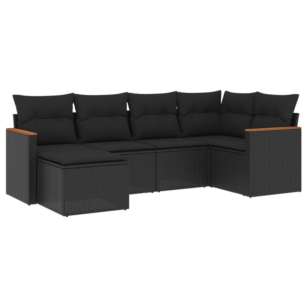 6-delige Loungeset met kussens poly rattan zwart