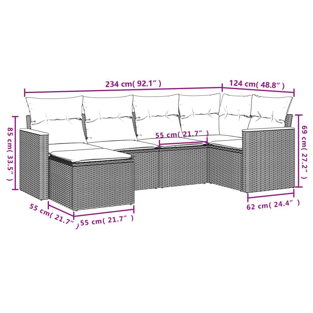 6-delige Loungeset met kussens poly rattan zwart