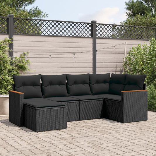 6-delige Loungeset met kussens poly rattan zwart