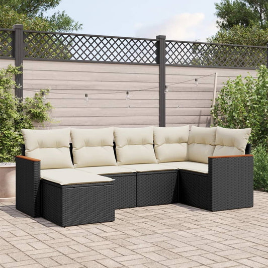 6-delige Loungeset met kussens poly rattan zwart