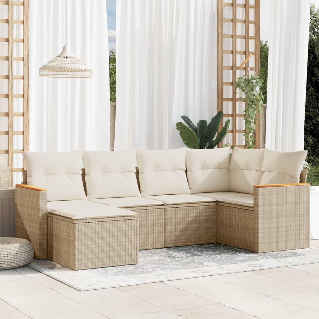 6-delige Loungeset met kussens poly rattan beige