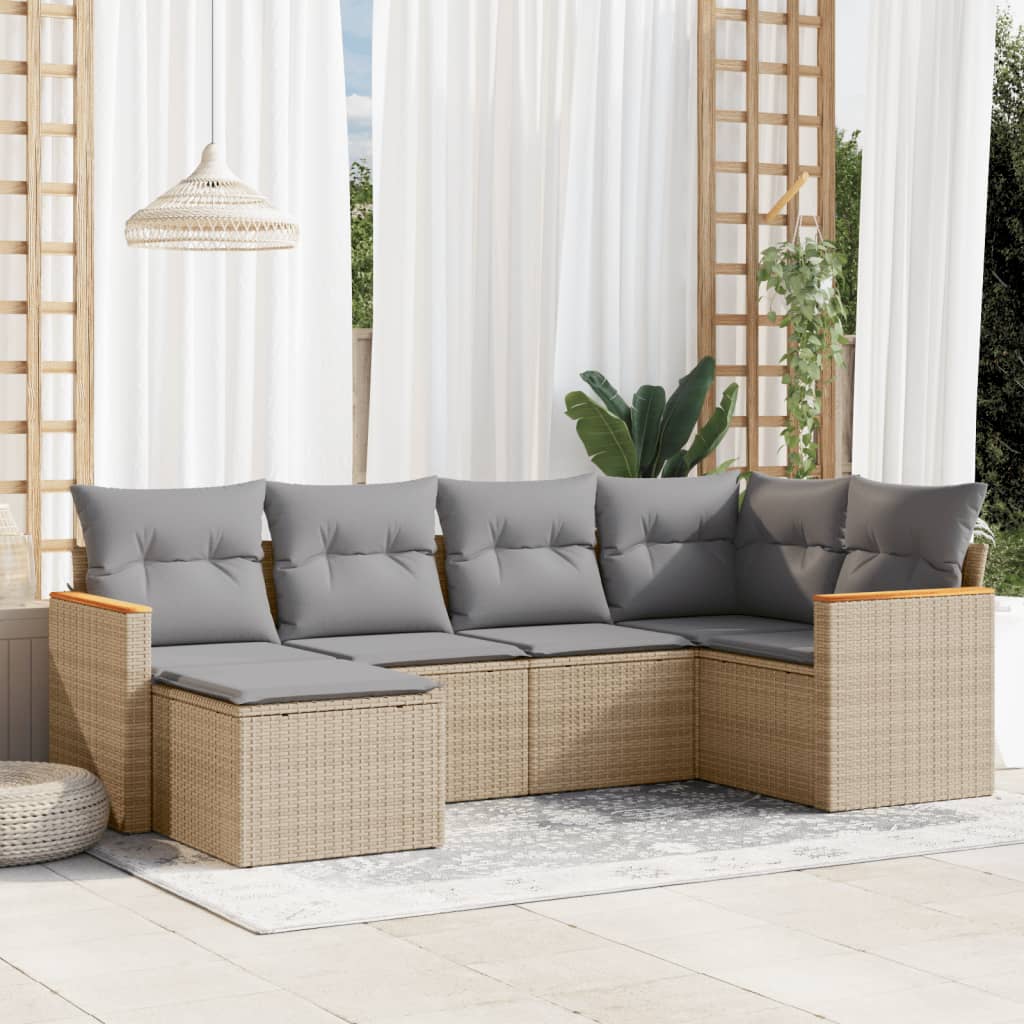 6-delige Loungeset met kussens poly rattan beige