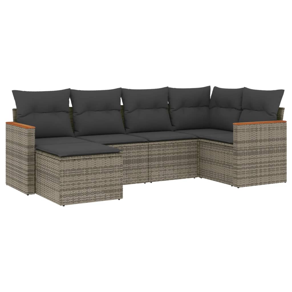 6-delige Loungeset met kussens poly rattan grijs