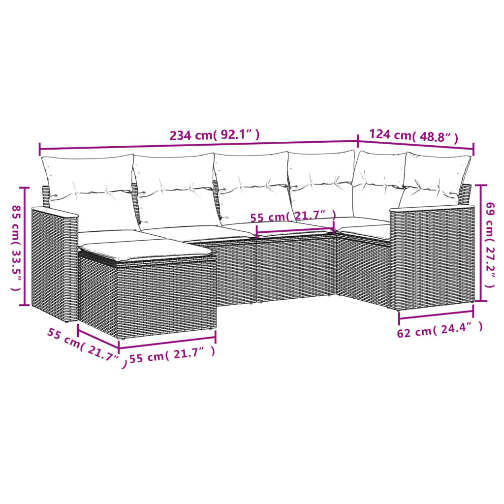 6-delige Loungeset met kussens poly rattan grijs