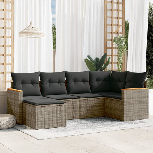 6-delige Loungeset met kussens poly rattan grijs