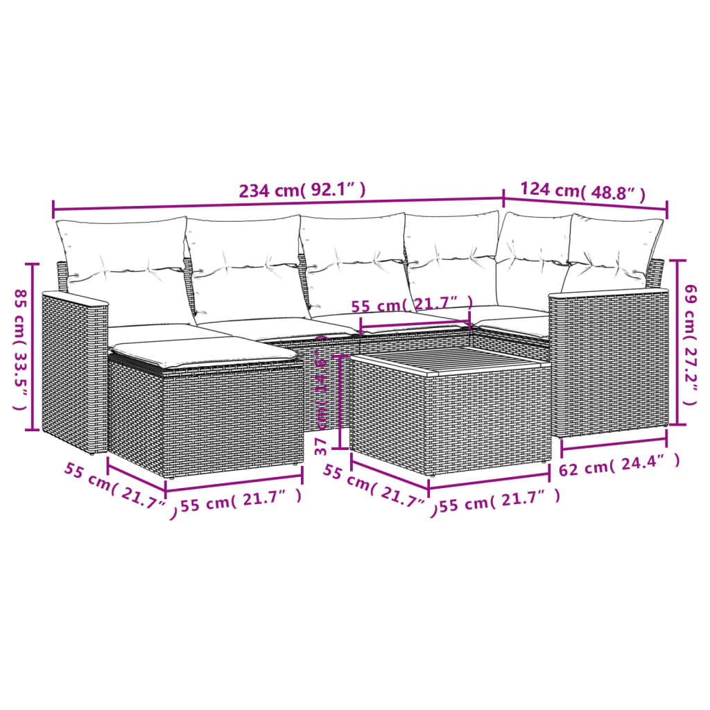 7-delige Loungeset met kussens poly rattan zwart