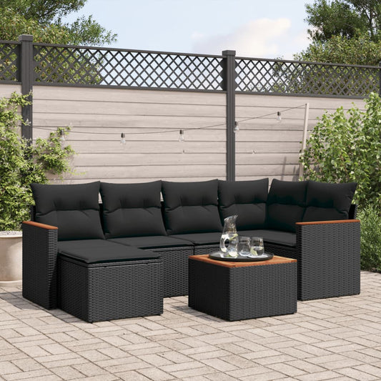 7-delige Loungeset met kussens poly rattan zwart