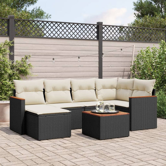 7-delige Loungeset met kussens poly rattan zwart