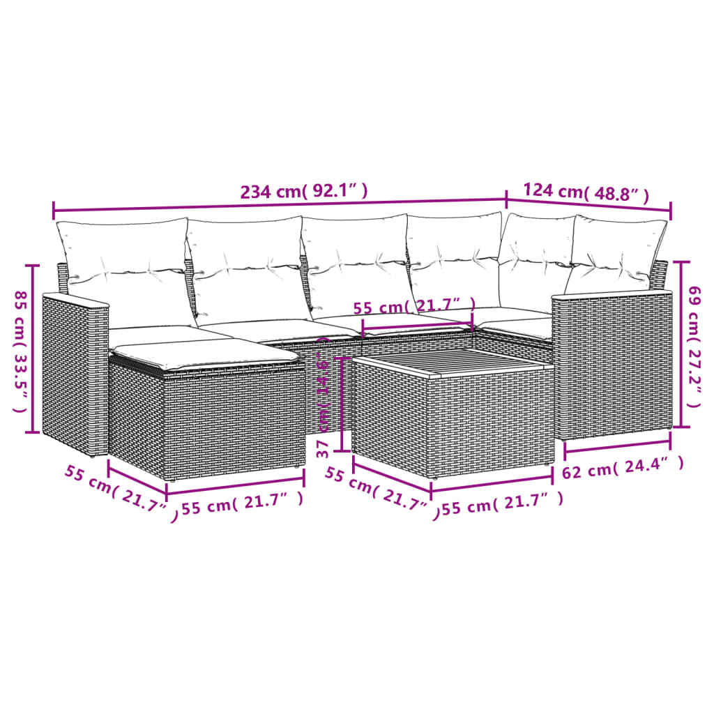 7-delige Loungeset met kussens poly rattan beige