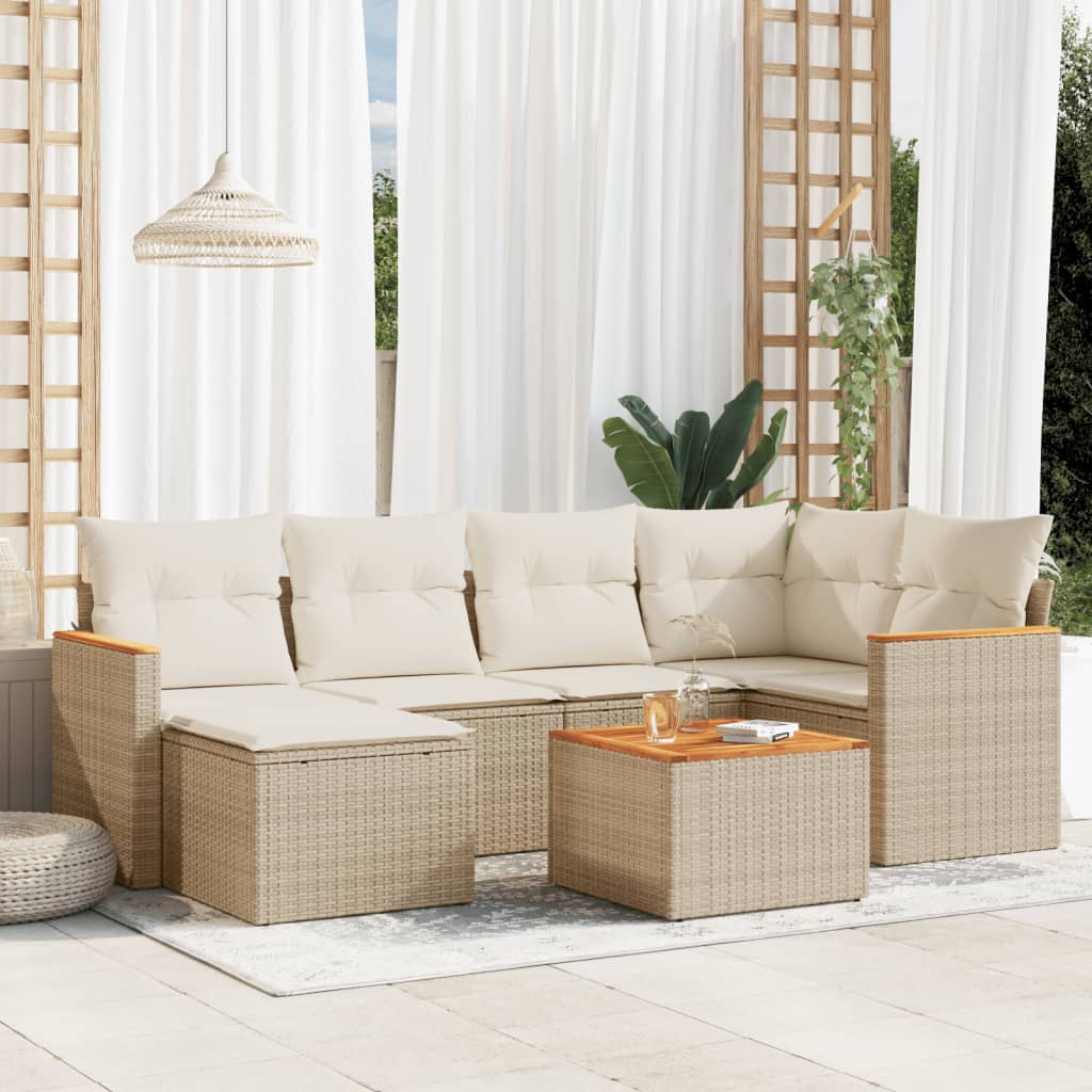 7-delige Loungeset met kussens poly rattan beige