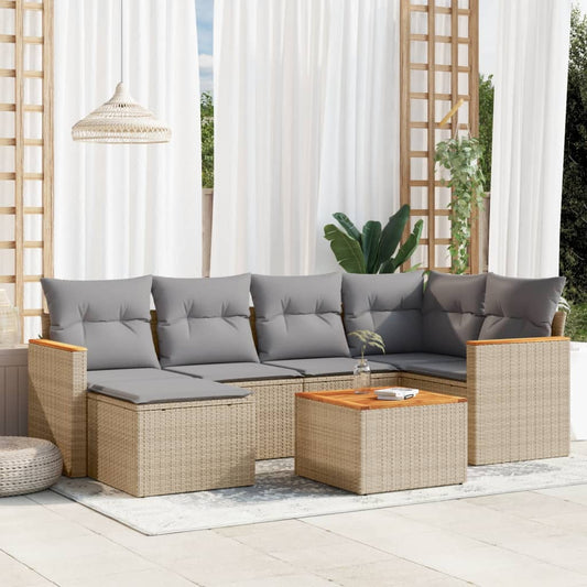 7-delige Loungeset met kussens poly rattan beige