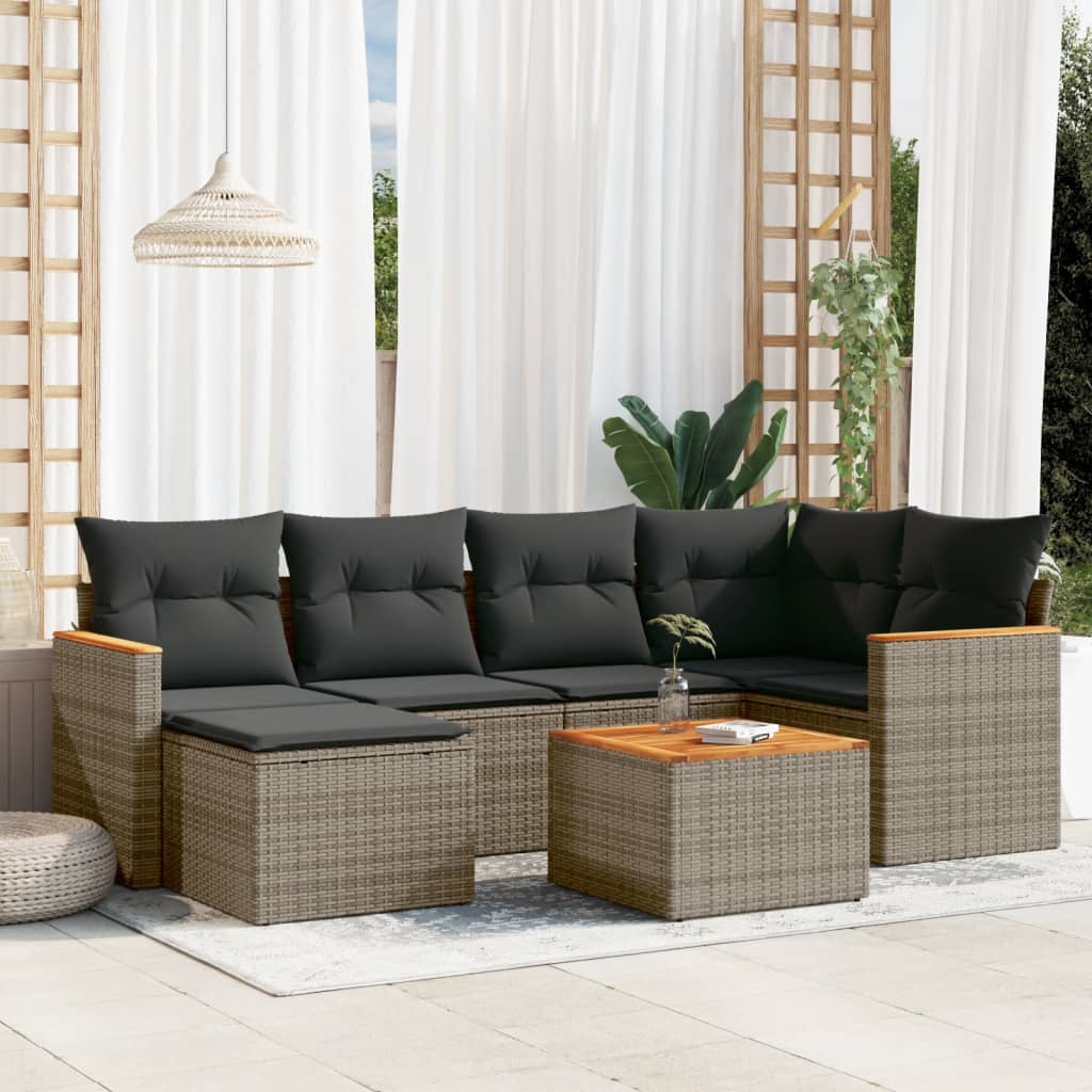 7-delige Loungeset met kussens poly rattan grijs