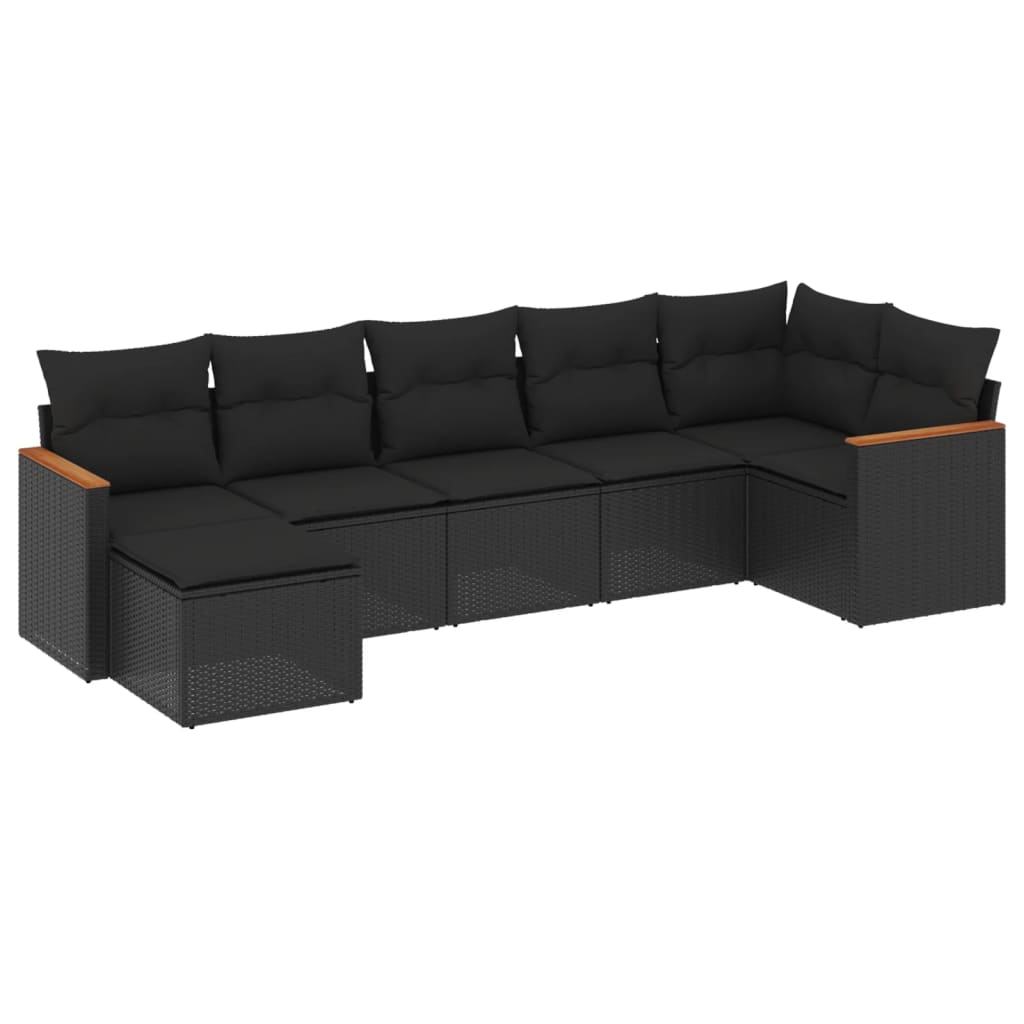 7-delige Loungeset met kussens poly rattan zwart