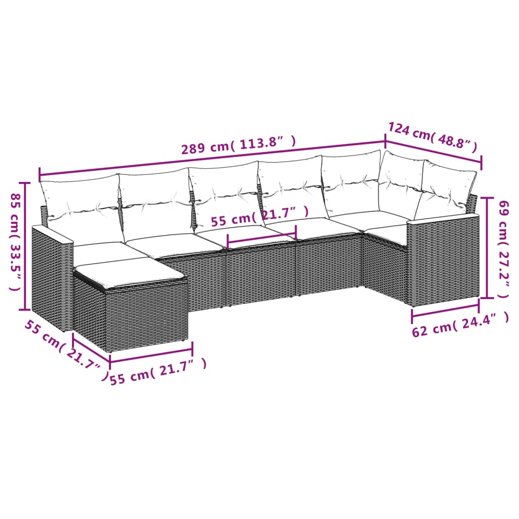 7-delige Loungeset met kussens poly rattan zwart