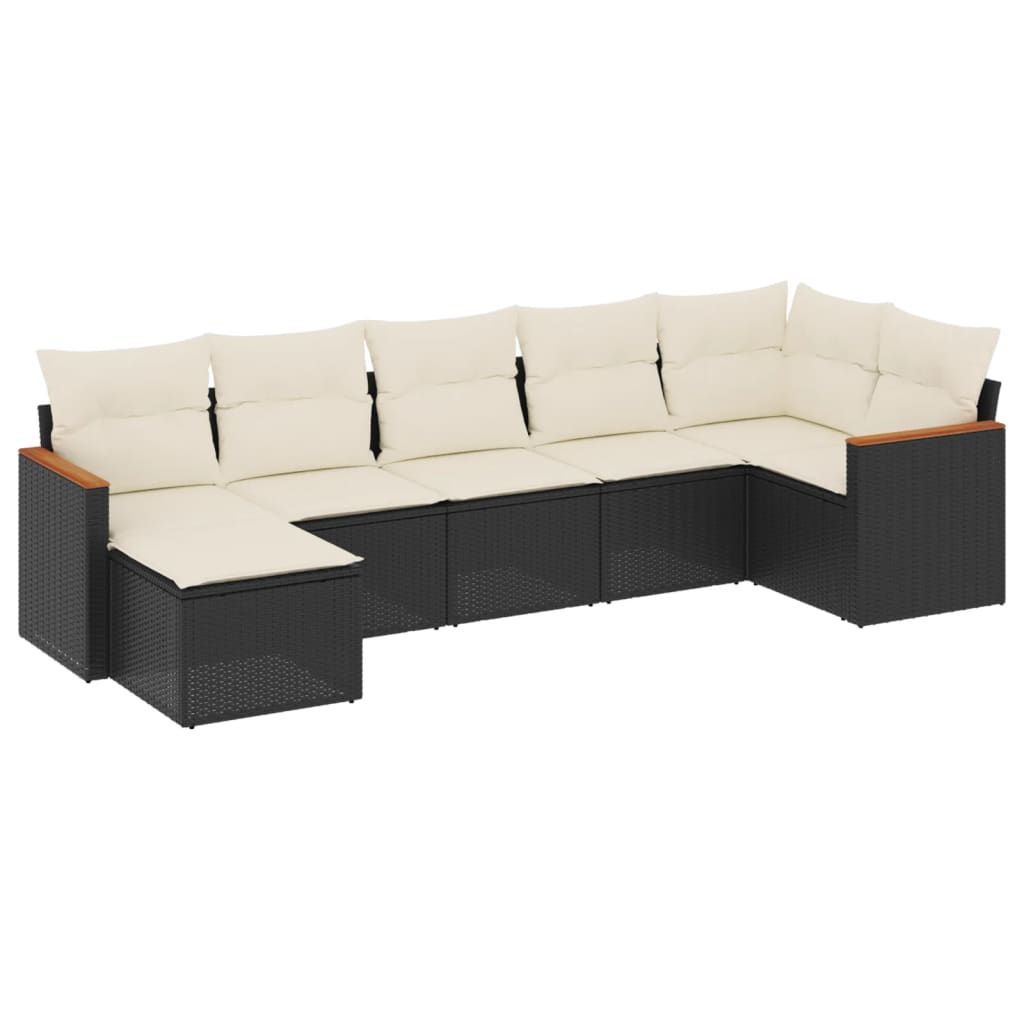 7-delige Loungeset met kussens poly rattan zwart