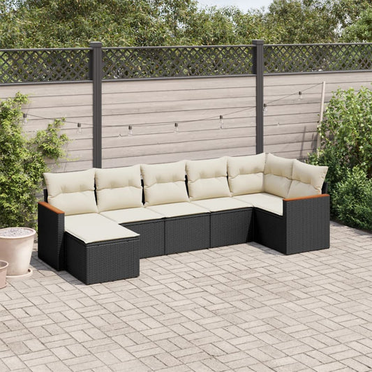 7-delige Loungeset met kussens poly rattan zwart