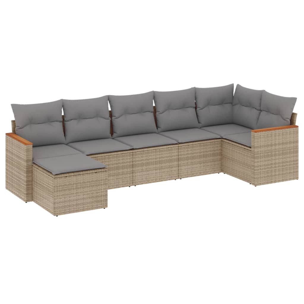 7-delige Loungeset met kussens poly rattan beige