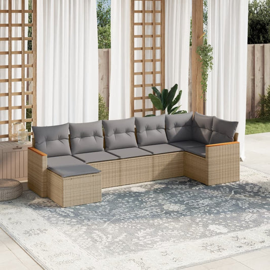 7-delige Loungeset met kussens poly rattan beige