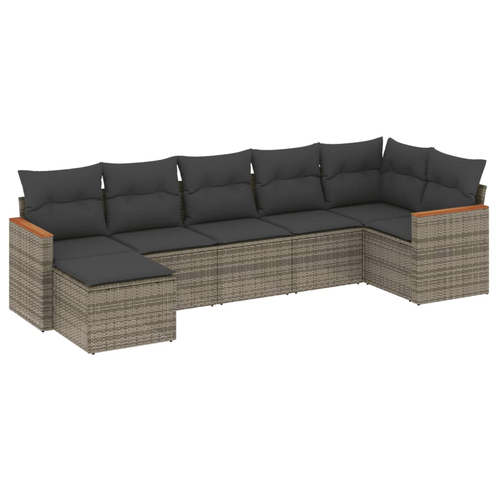 7-delige Loungeset met kussens poly rattan grijs