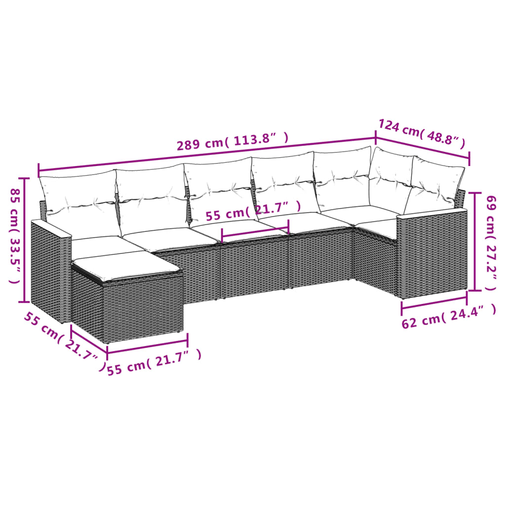 7-delige Loungeset met kussens poly rattan grijs