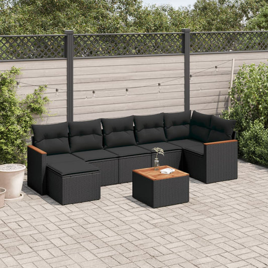 8-delige Loungeset met kussens poly rattan zwart