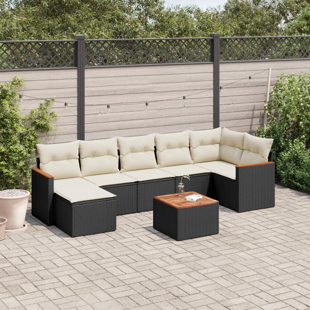 8-delige Loungeset met kussens poly rattan zwart