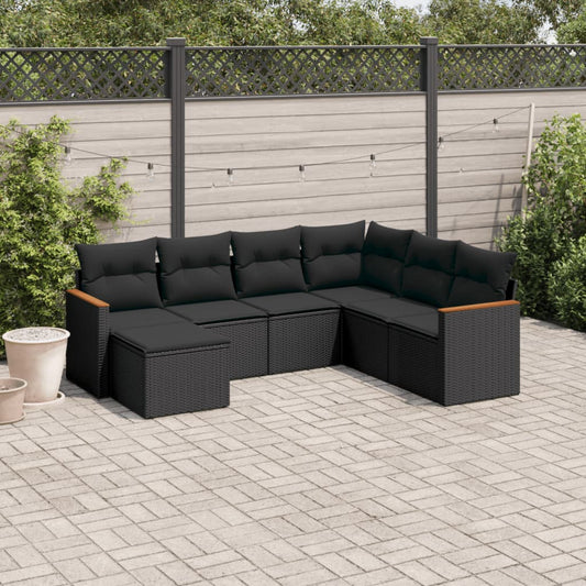 7-delige Loungeset met kussens poly rattan zwart