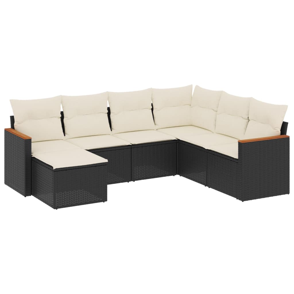 7-delige Loungeset met kussens poly rattan zwart