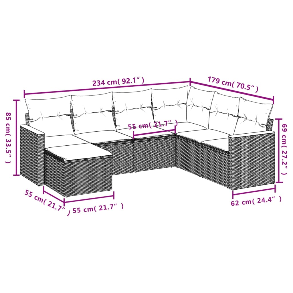 7-delige Loungeset met kussens poly rattan zwart