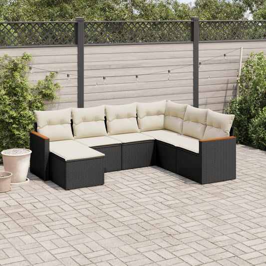 7-delige Loungeset met kussens poly rattan zwart