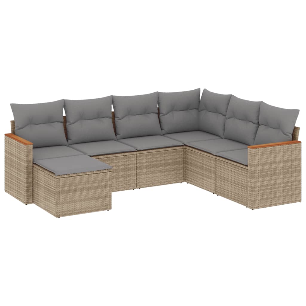 7-delige Loungeset met kussens poly rattan beige