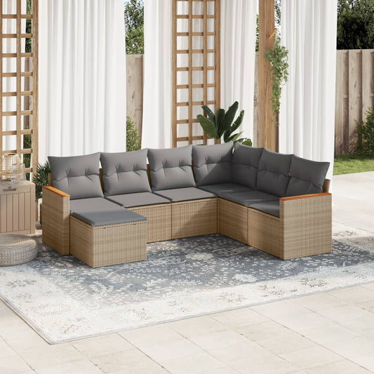 7-delige Loungeset met kussens poly rattan beige