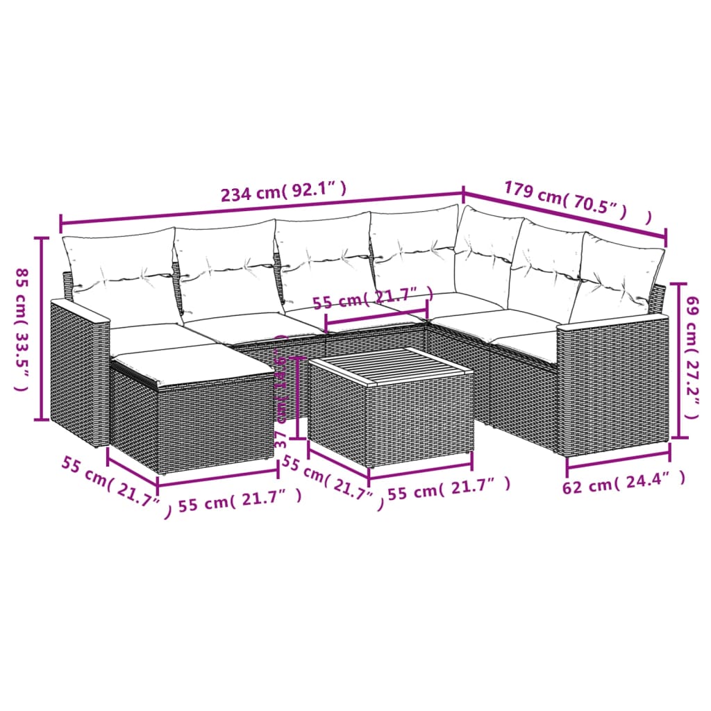 8-delige Loungeset met kussens poly rattan grijs