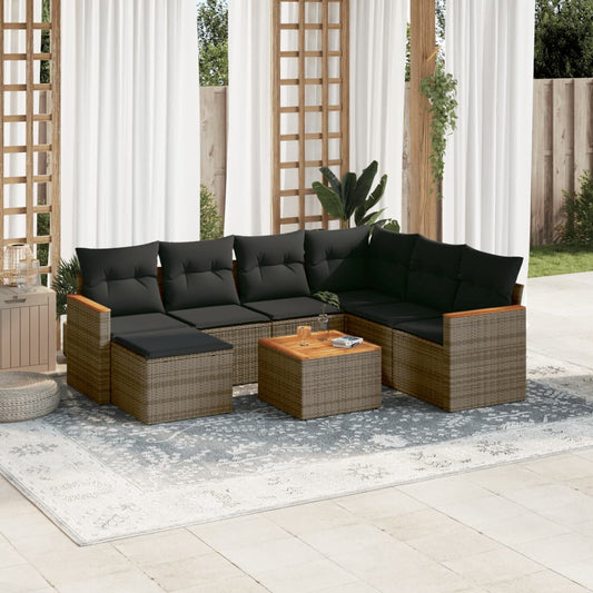 8-delige Loungeset met kussens poly rattan grijs